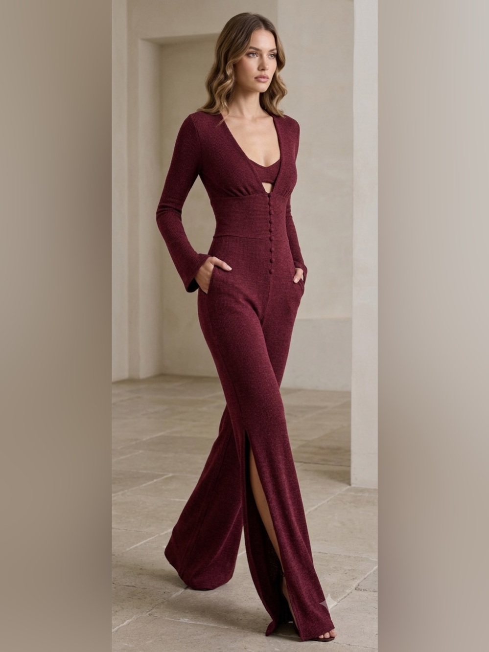 WinWin Romper in a beautiful Cabernet color with peekaboo flared bottoms